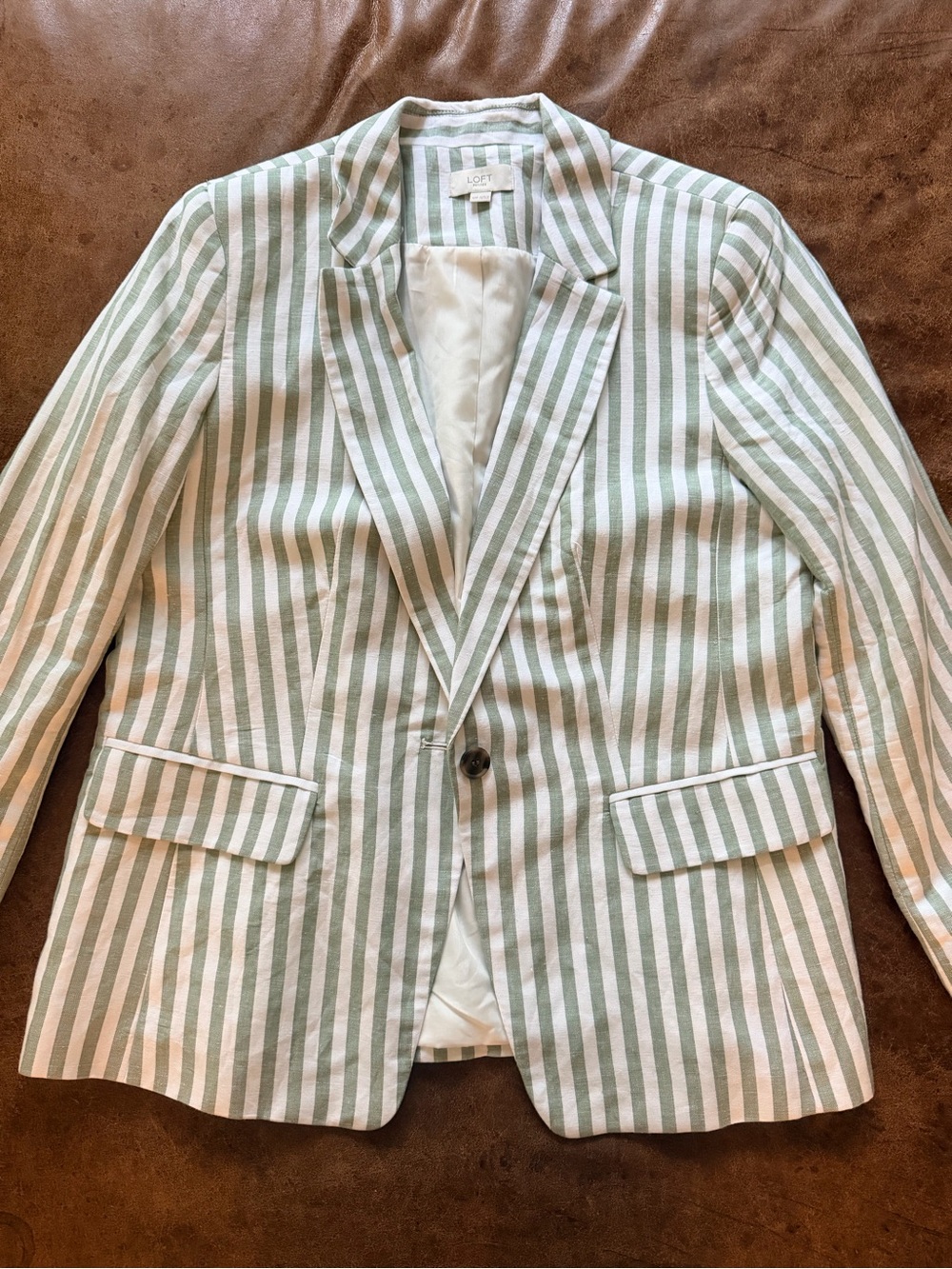 LOFT Sage Green and White Striped Blazer